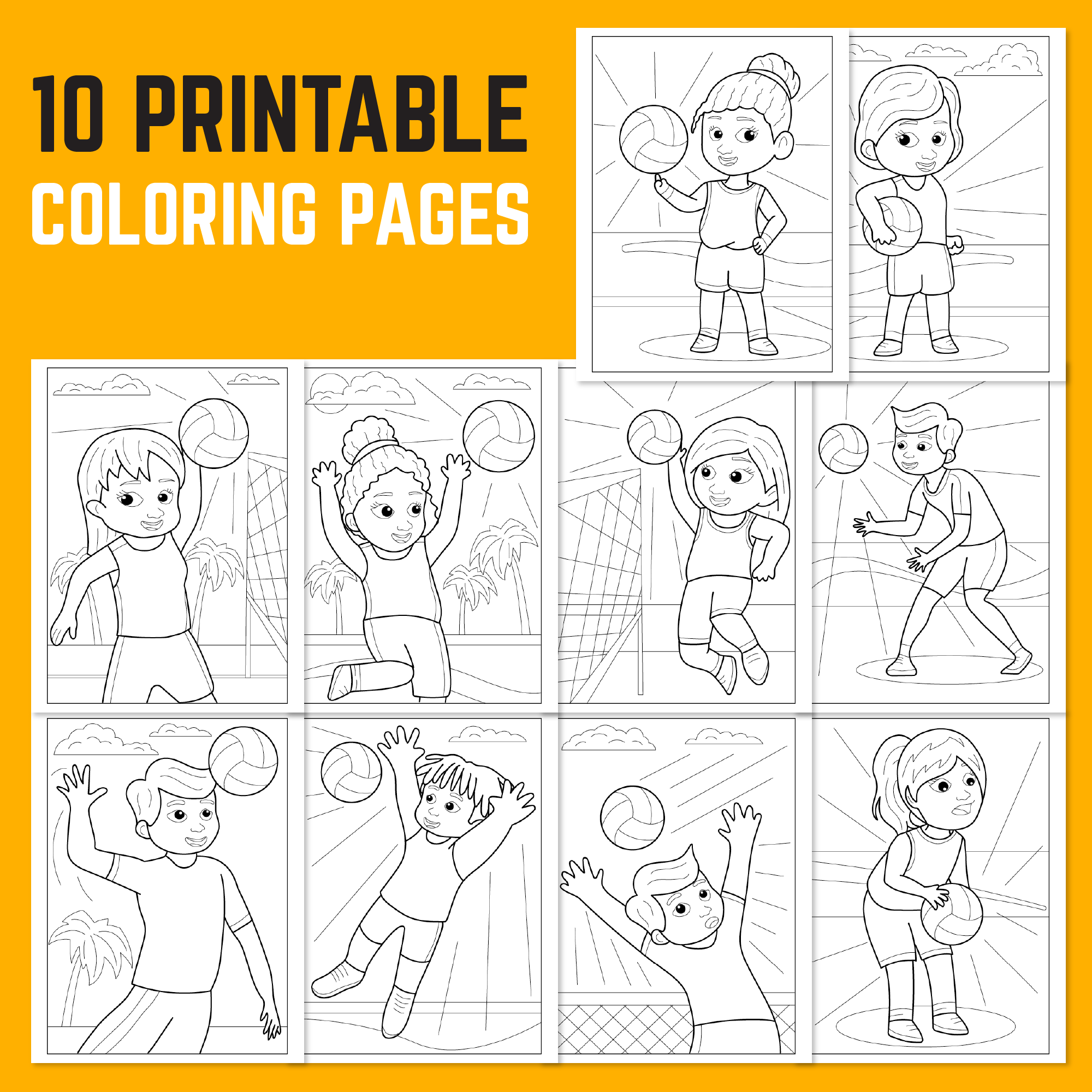 Printable volleyball coloring pages for kids pdf pack