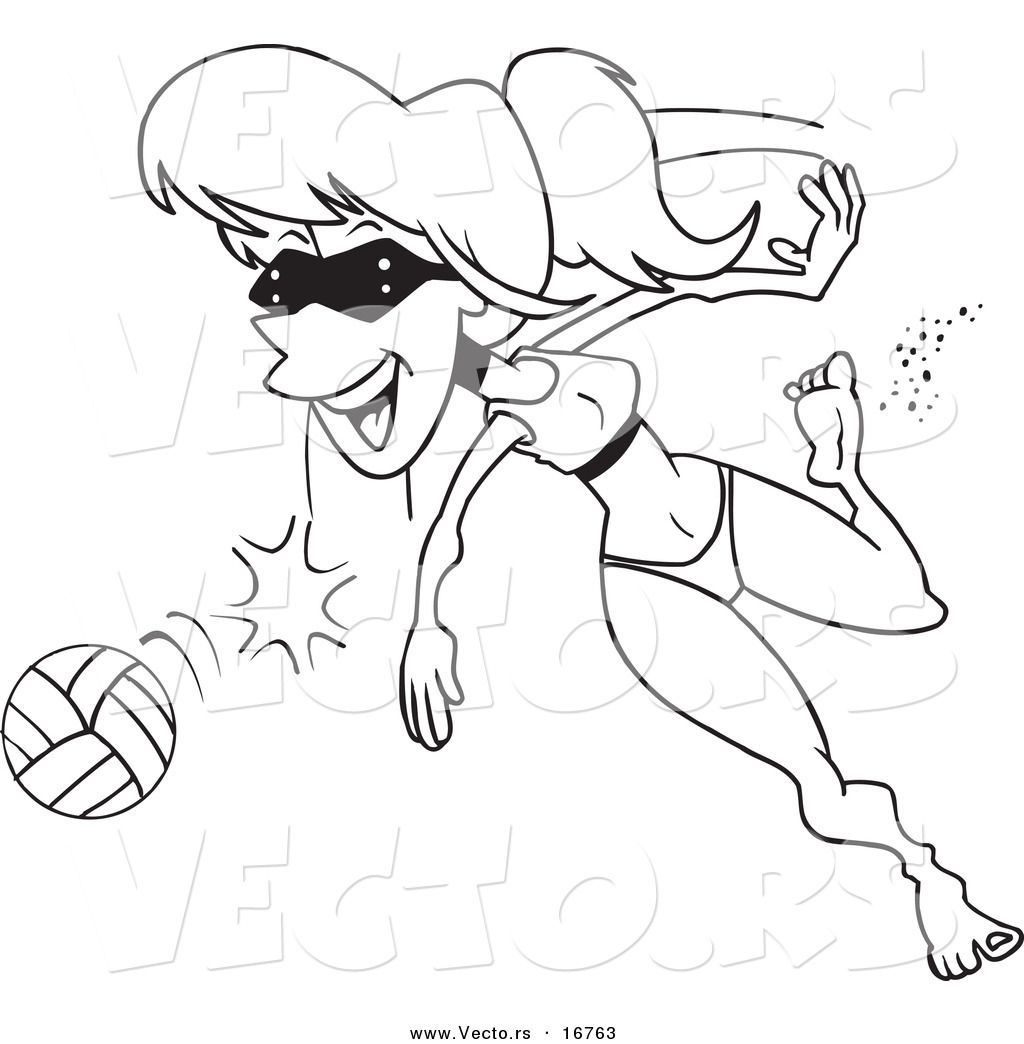 R of a cartoon summer woman playing beach volleyball