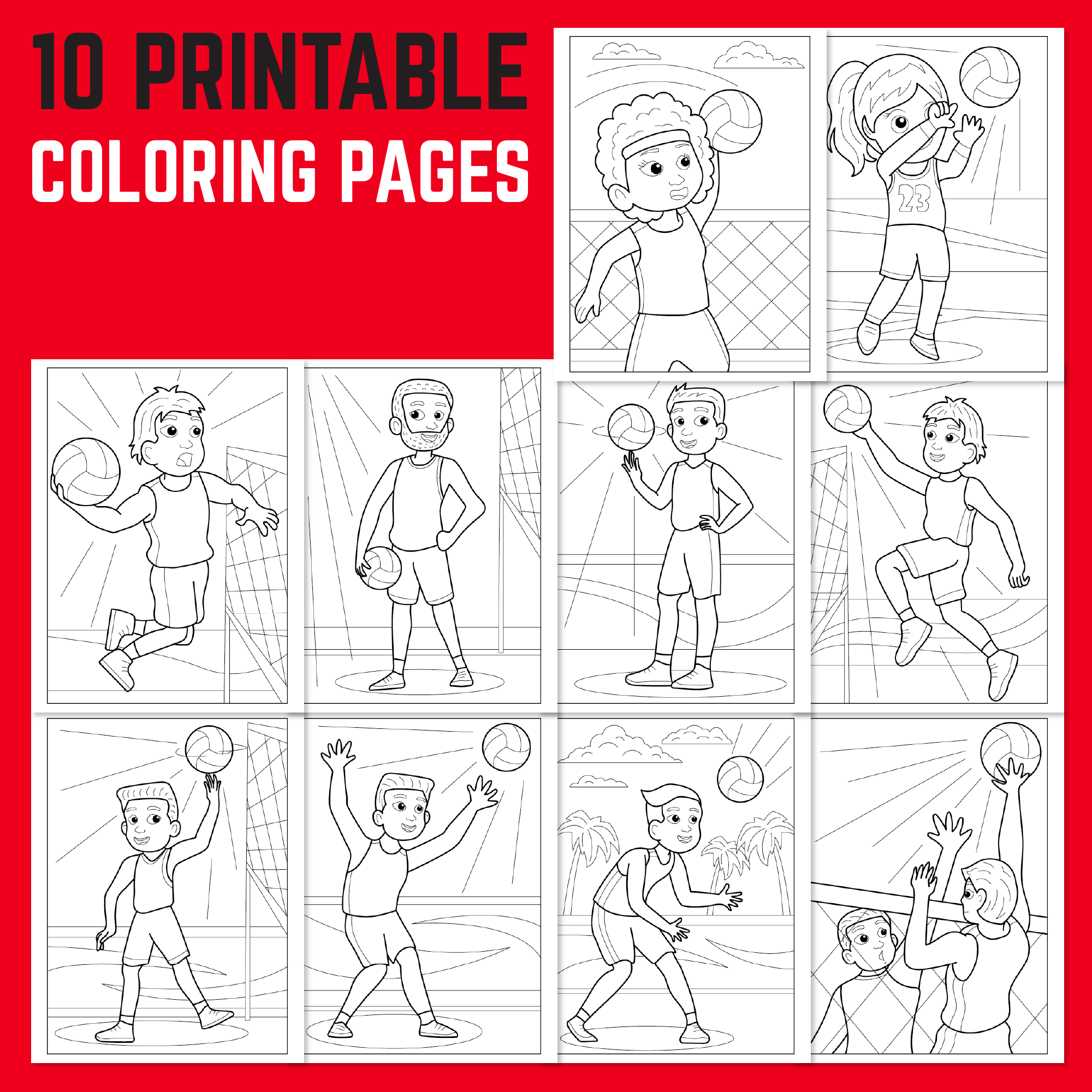 Printable volleyball coloring pages for kids pdf pack