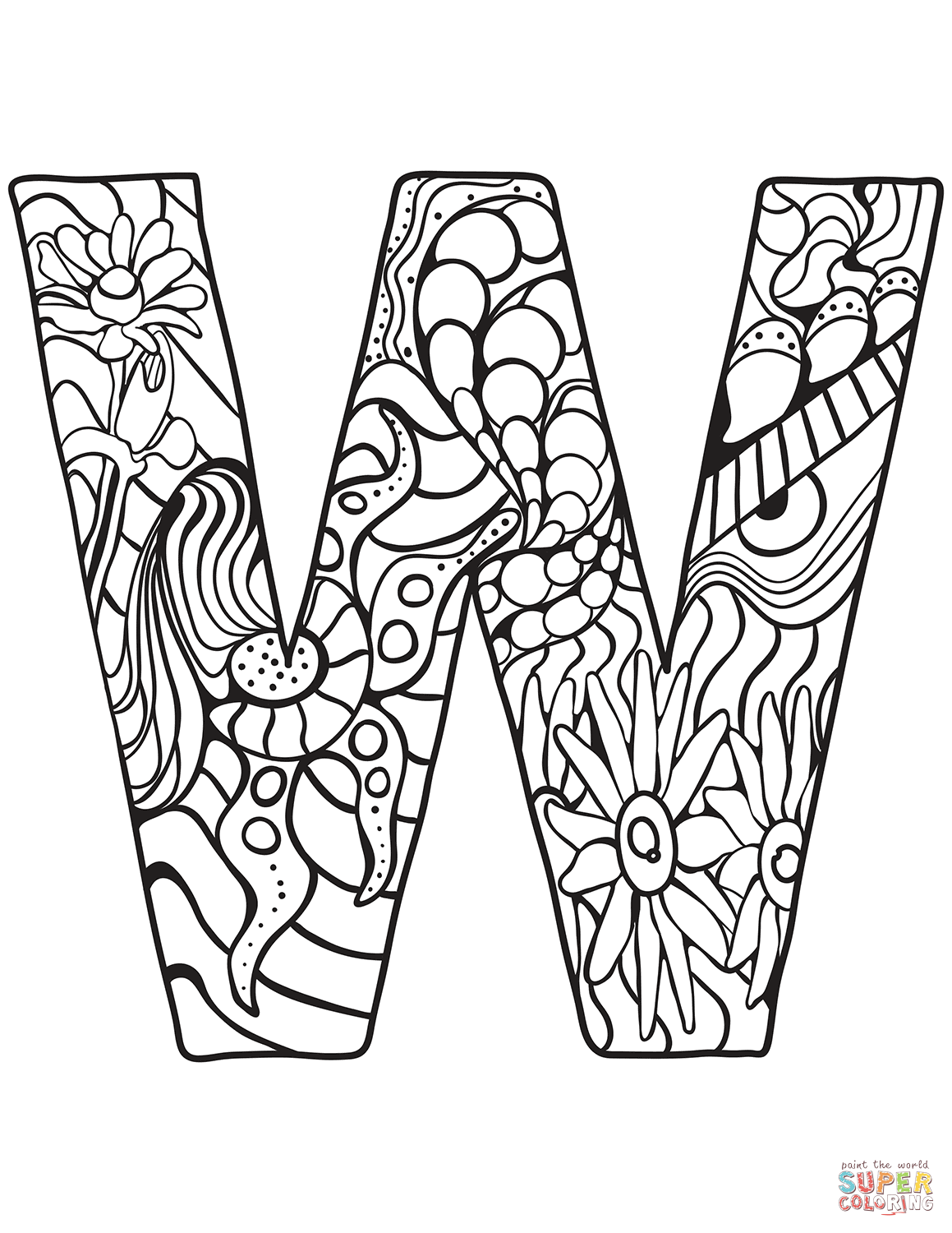 Letter w zentangle coloring page free printable coloring pages