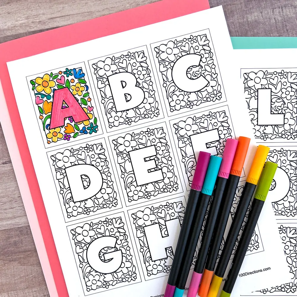 Mini alphabet coloring cards with flowers