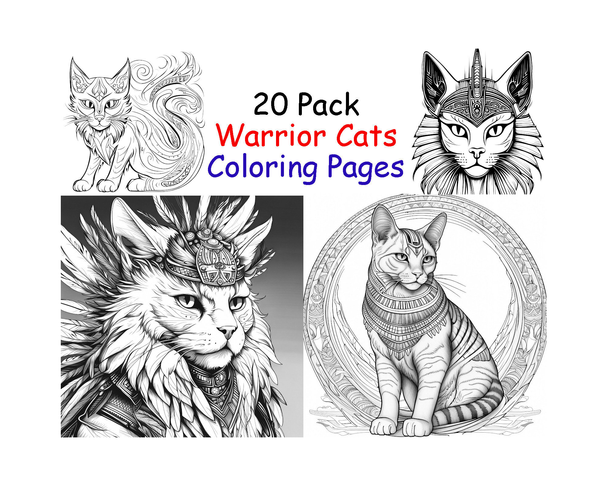 Cat warriors pack housecat hero coloring book pages delicately detailed instant digital download printable