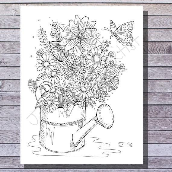 Printable coloring page flowers in a watering can floral spring coloring page instant download pdf jpeg pngs