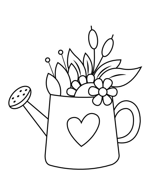 Printable watering can filled with flowers coloring page