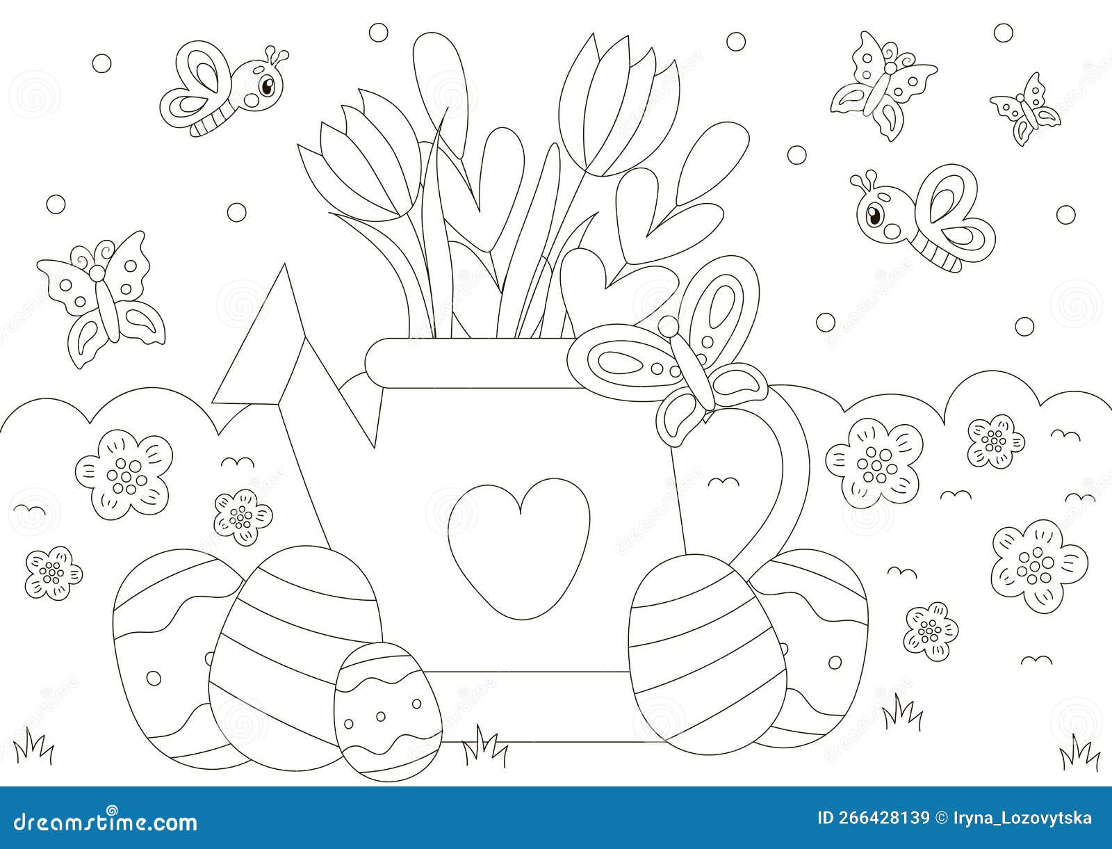 Cute coloring page for spring holidays with watering can and flowers in scandinavian style stock vector