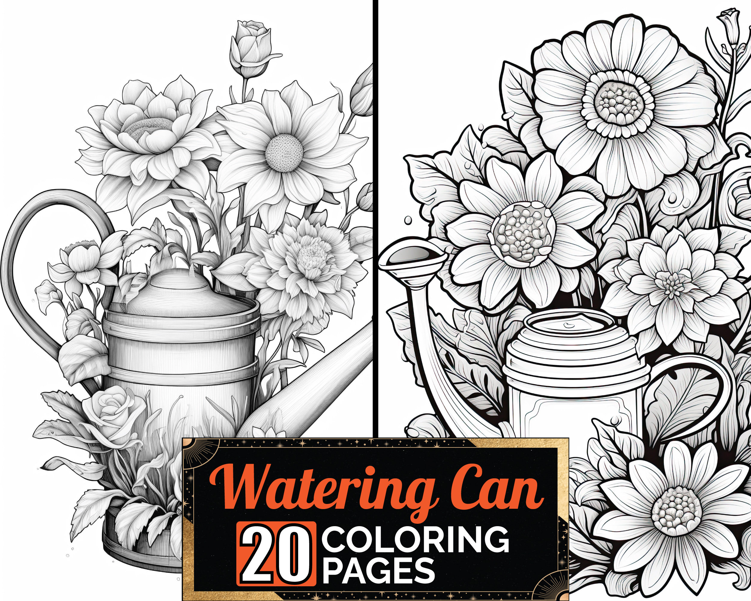 Flower watering can coloring book detail greyscale adult kids floral colouring page a size sheet printable digital pdf download download now