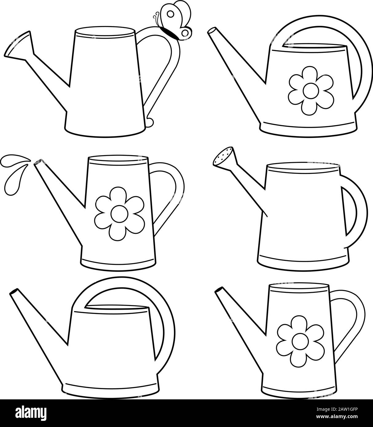 Watering cans illustration collection vector black and white coloring page stock vector image art