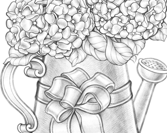 Watering can grayscale coloring page printable adult coloring book page hydrangea flower bouquet children kid pdf jpeg instant download