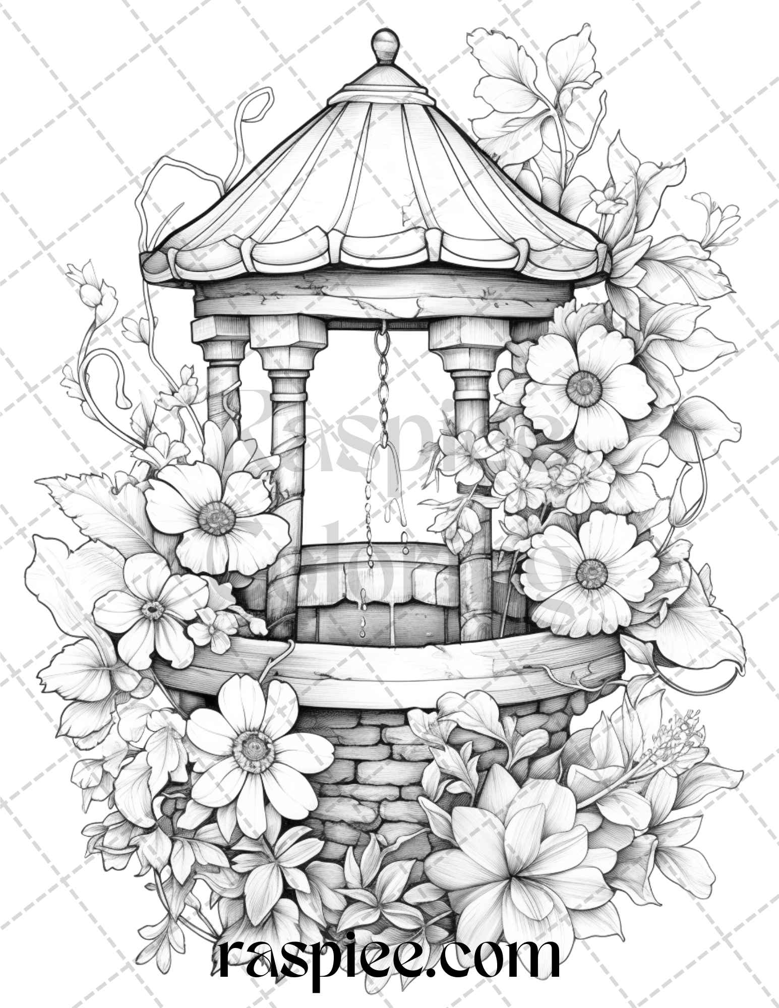 Whimsical wishing wells grayscale coloring pages printable for adul â coloring