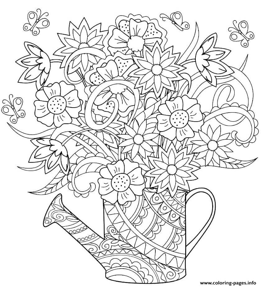 Adult flowers in watering can coloring page printable