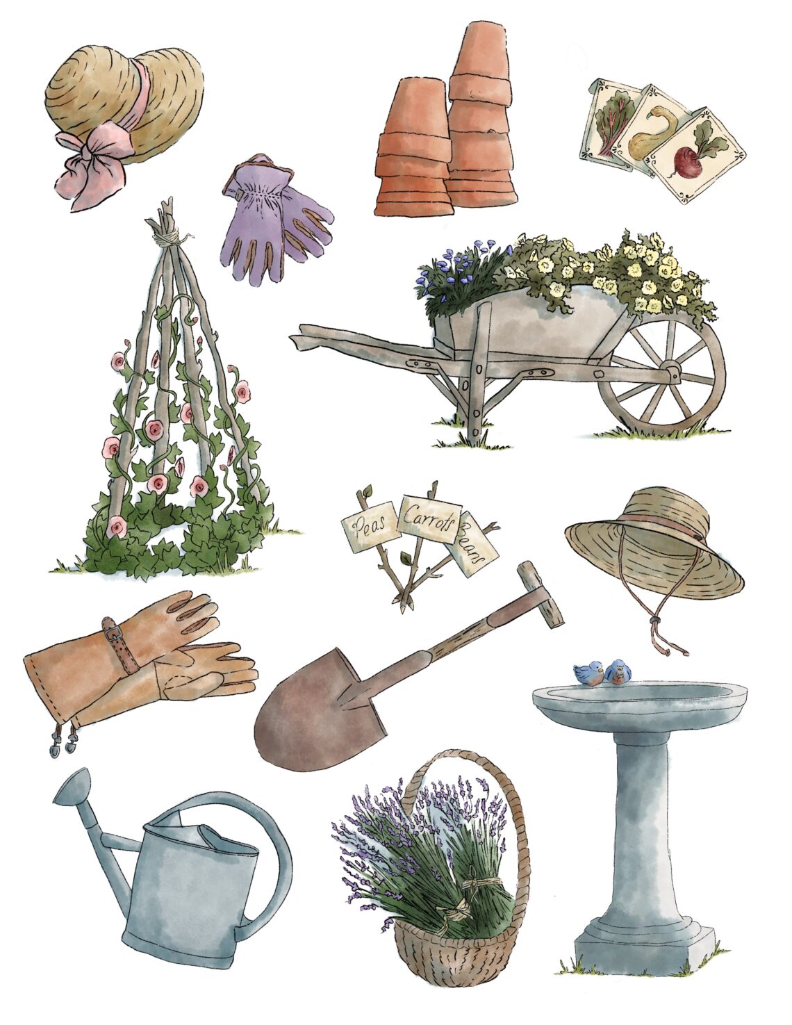 Free garden things printable stickers and coloring page