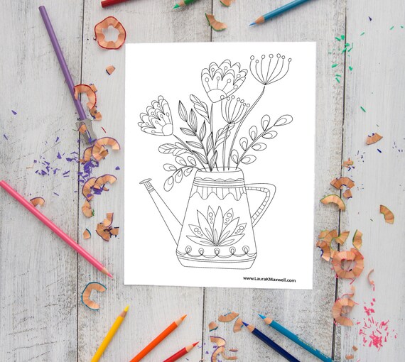 Watering can and wildflowers coloring sheet for adults and kids gardening coloring page flower doodle download printable coloring page