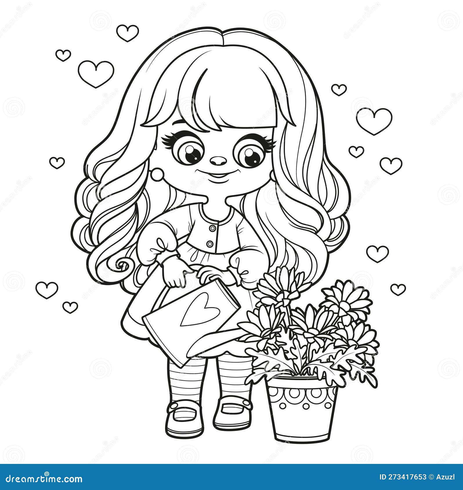 Cute cartoon long haired girl watering flowers from a watering can outlined for coloring page on white stock vector