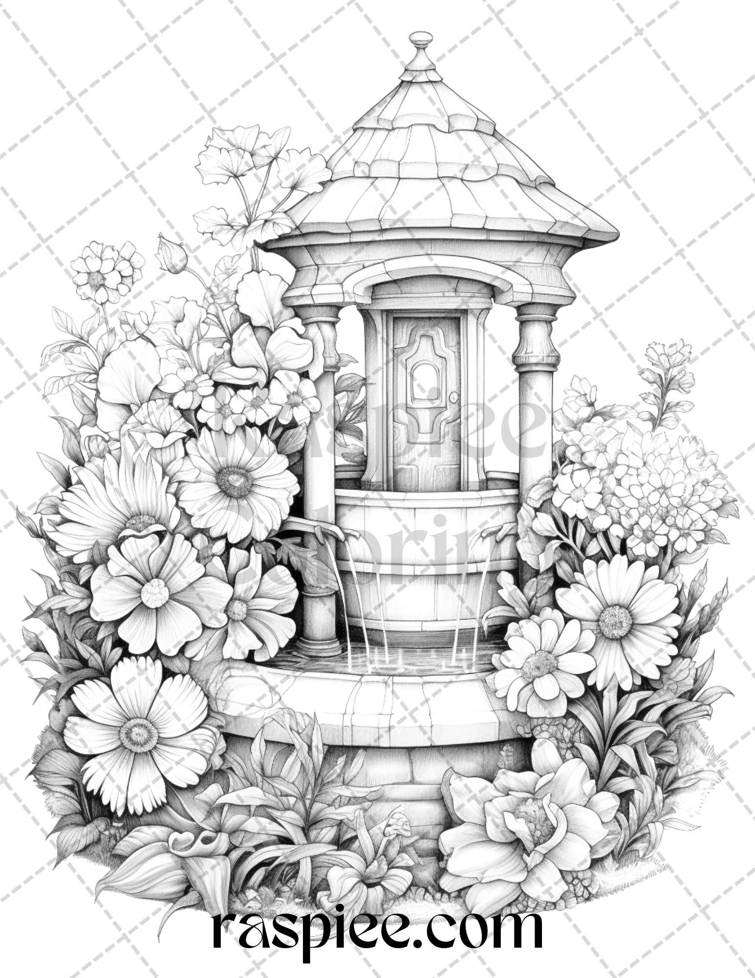 Whimsical wishing wells grayscale coloring pages printable for adul â coloring