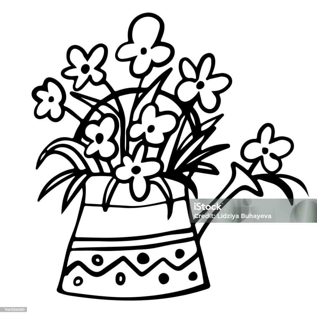 Outline watering can with flowers on white background spring card doodle vector illustration perfect for coloring book greeting card print invitation