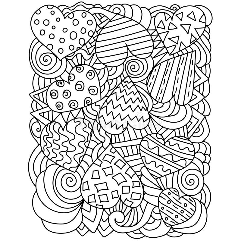 Antistress coloring page with hearts and ornate patterns linear contour curls and waves for meditative coloring or valentines stock vector