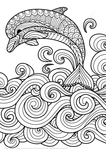 Zentangle dolphin with scrolling sea wave coloring page free printable coloring pages