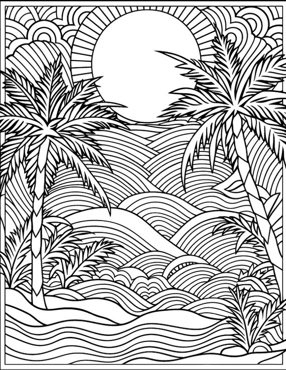 Sunset ocean waves coloring page printable coloring page ocean themed tropical palm tree pdf jpeg png digital download