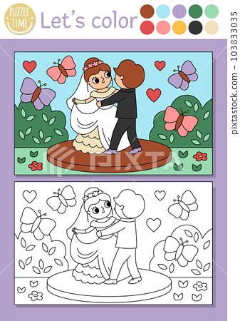 Wedding coloring page for children with cute