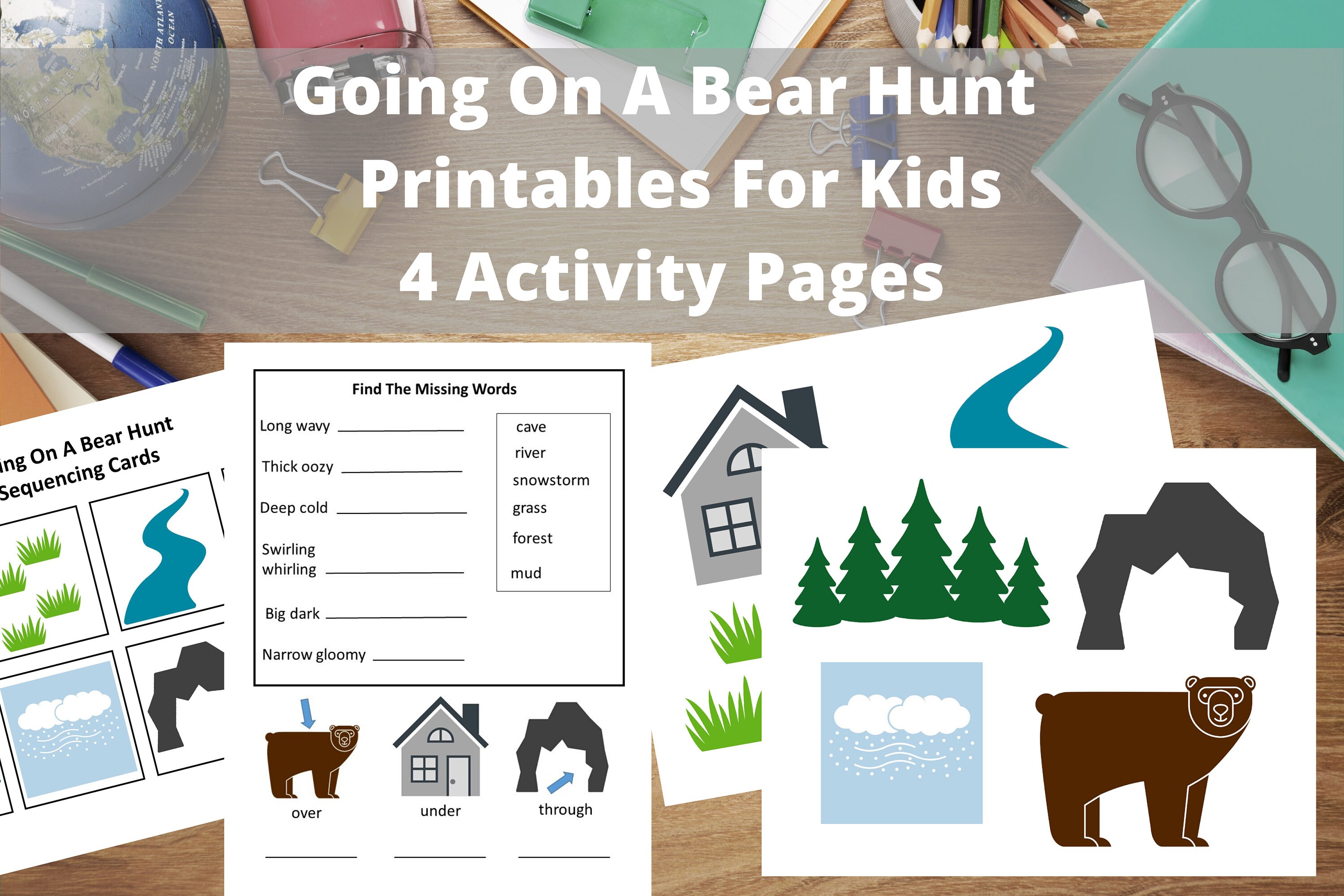 Going on a bear hunt printables for kids sequencing cards story board game and vocabulary worksheet for homeschool parents and teachers