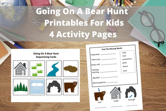 Going on a bear hunt printables for kids sequencing cards story board game and vocabulary worksheet for homeschool parents and teachers