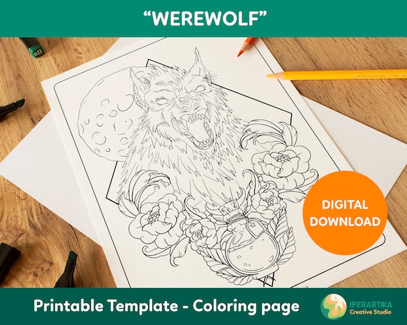 Werewolf coloring page printable halloween coloring pages coloring sheets digital download coloring for adults coloring page pdf