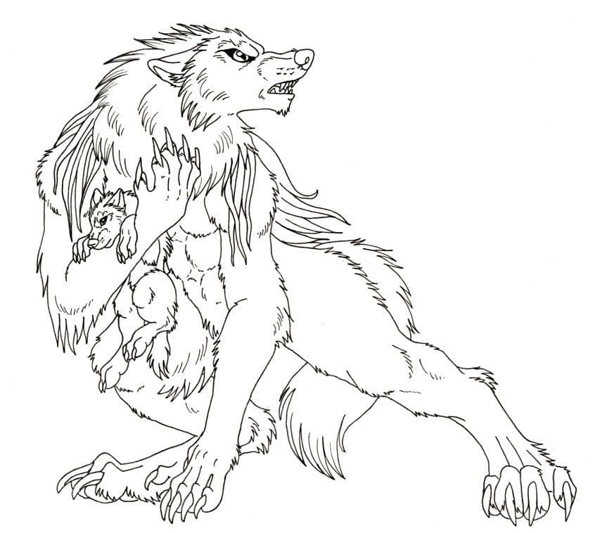 Werewolf and baby coloring page