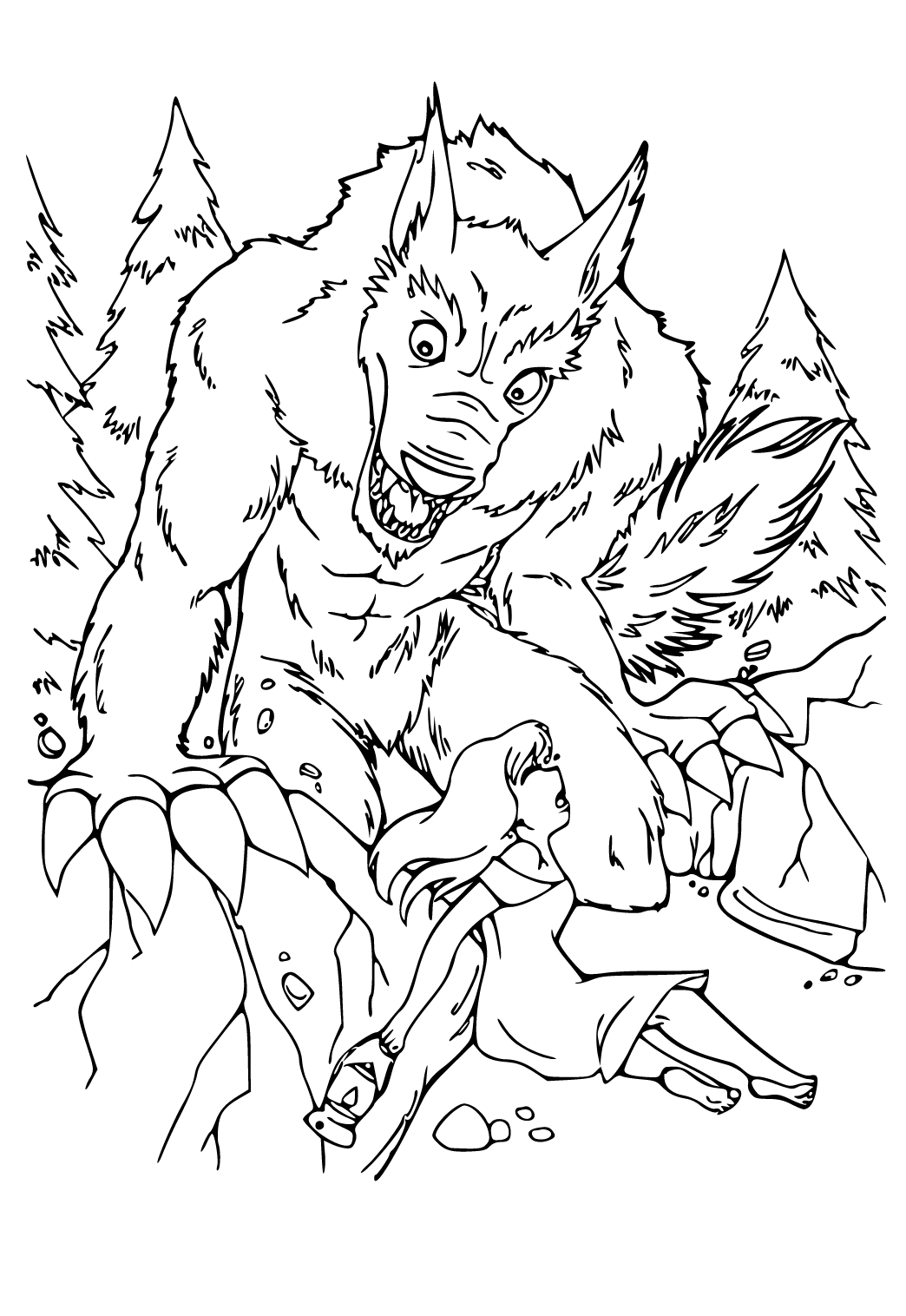 Free printable werewolf meeting coloring page for adults and kids