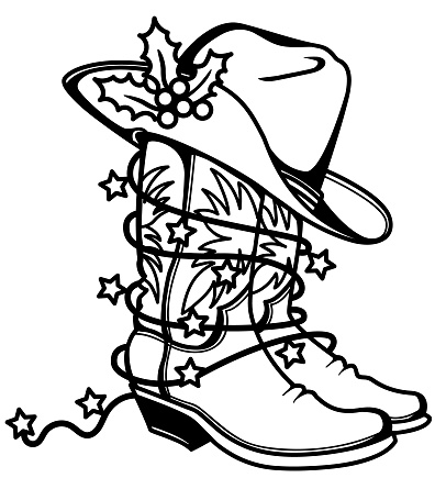 Cowboy christmas printable cowboy boots and hat with holiday lights western boots and hat stock illustration