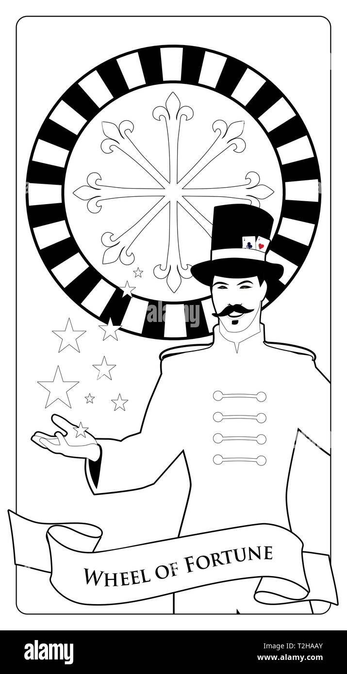 Major arcana tarot cards the wheel of fortune master of ceremonies with mustache wearing top hat adorned with playing cards showing a casino roule stock vector image art
