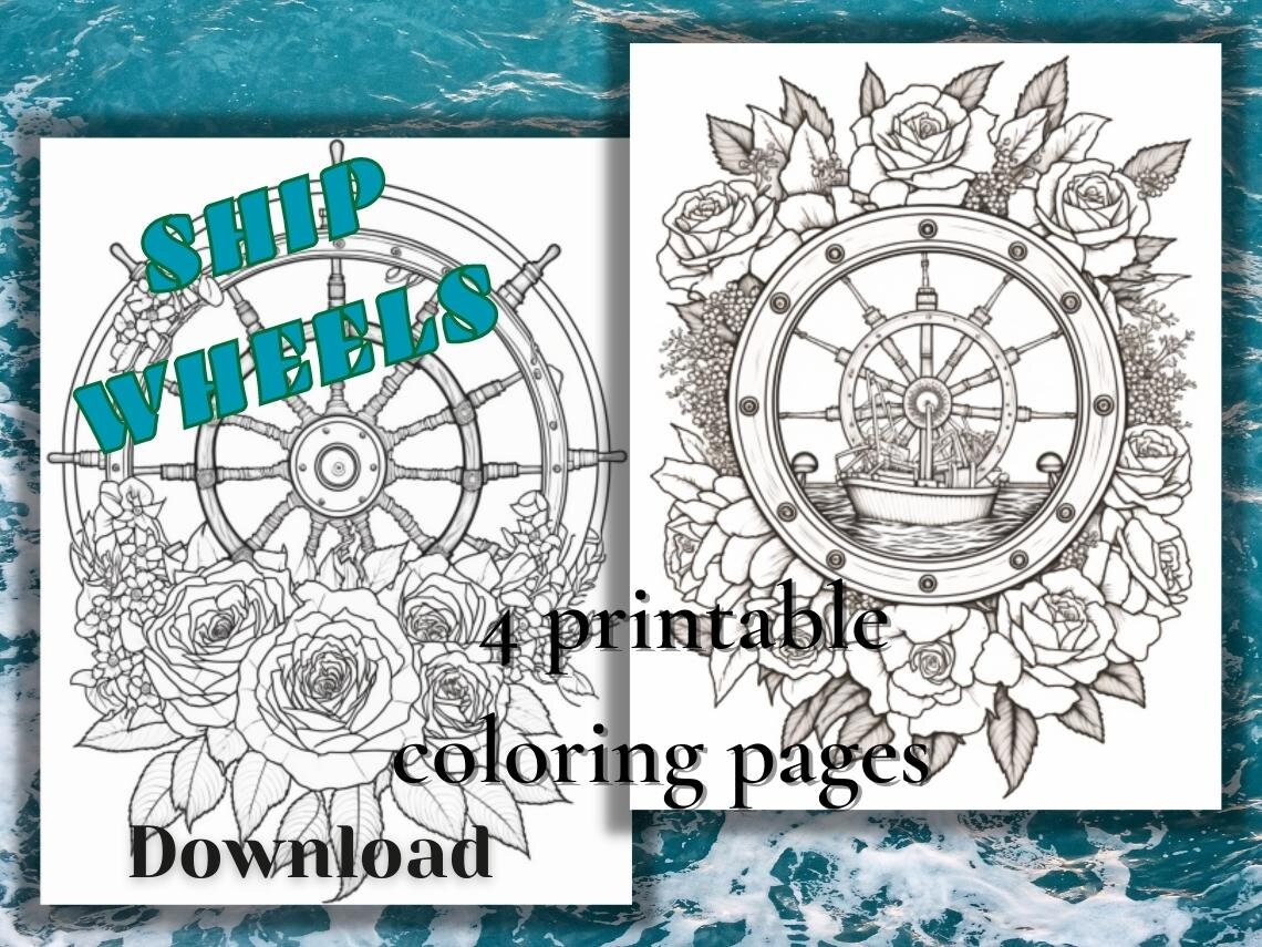 Ships steering wheel set of coloring pages for adults and kids instant digital downloads jpg and pdf files