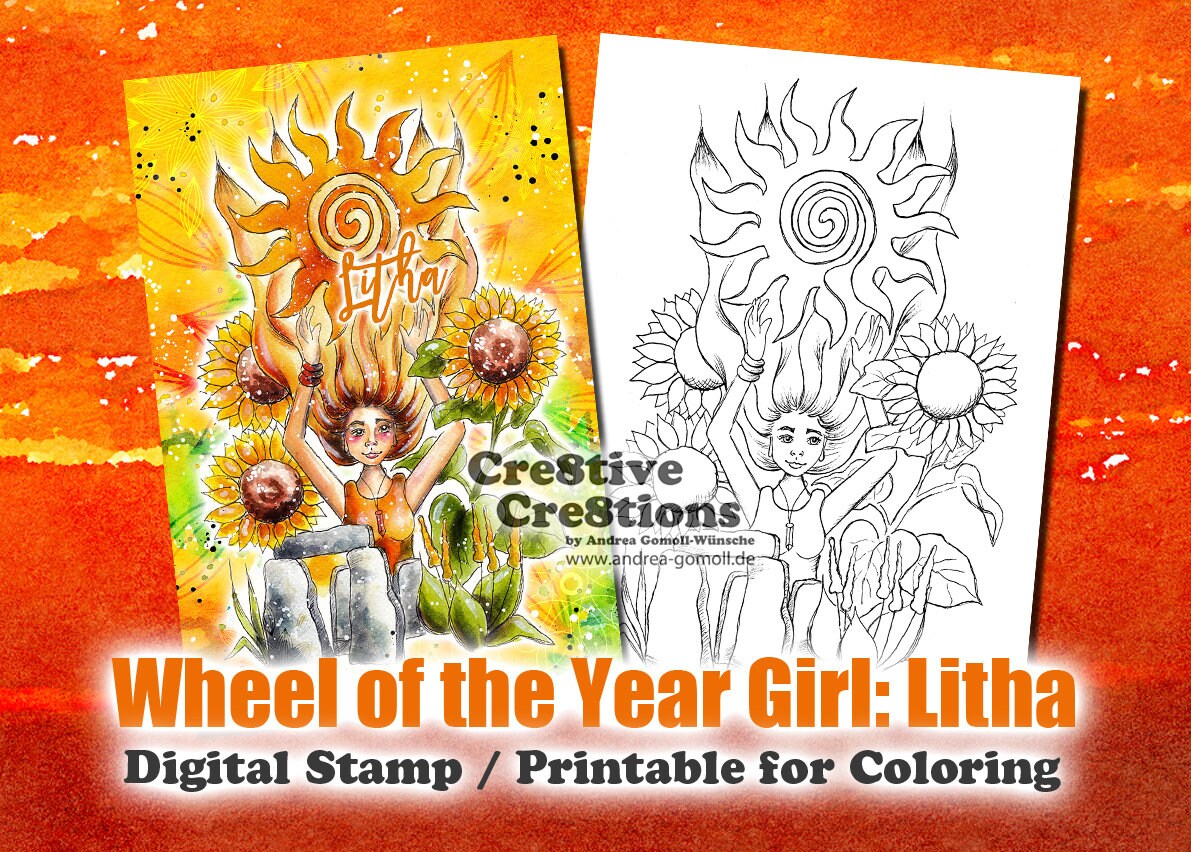 Wheel of the year girl litha summer solstice digital stamp printable coloring page by andrea gomoll cretive cretions