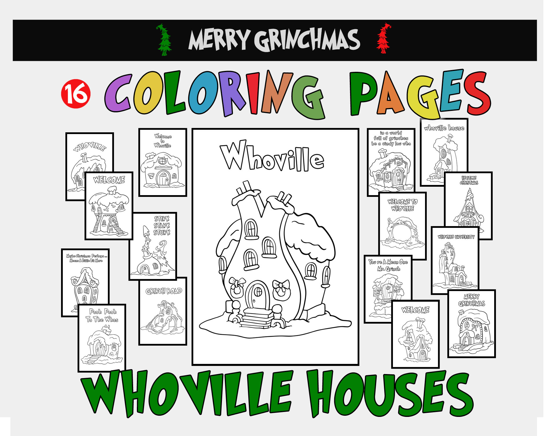 Whoville houses coloring pages svg christmas craft decorations set color line art grinch cricut kids whoville buildings bundle children