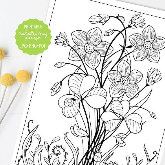 Wildflower coloring page spring flower botanical coloring sheet adult coloring floral coloring printable or digital