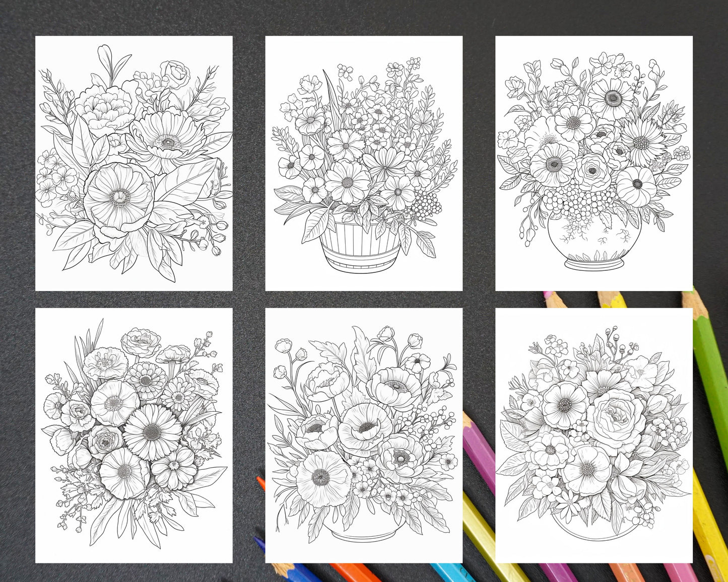 Printable flower vase coloring pages for adults floral grayscale â coloring