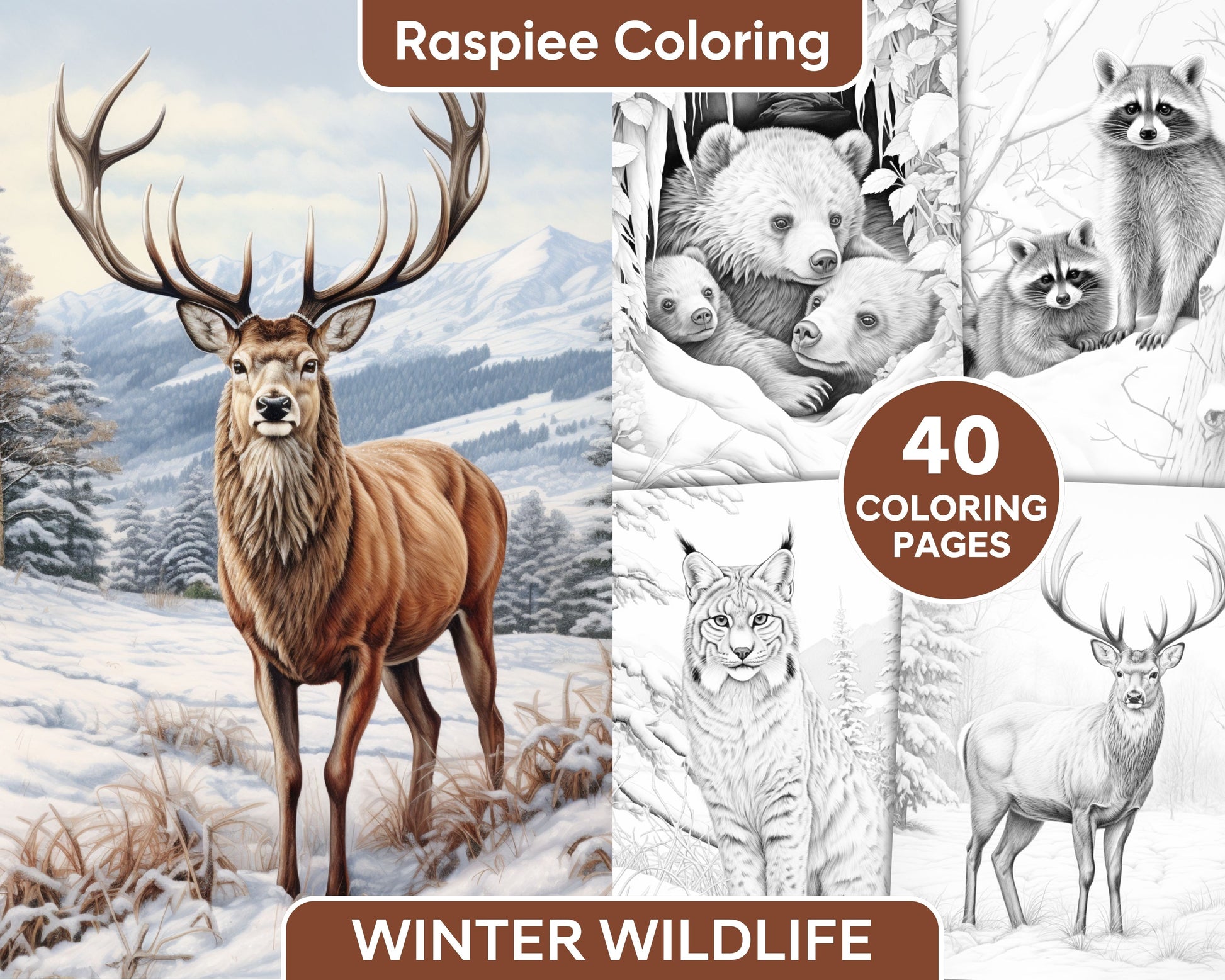 Winter wildlife grayscale coloring pages for adults printable pdf â coloring