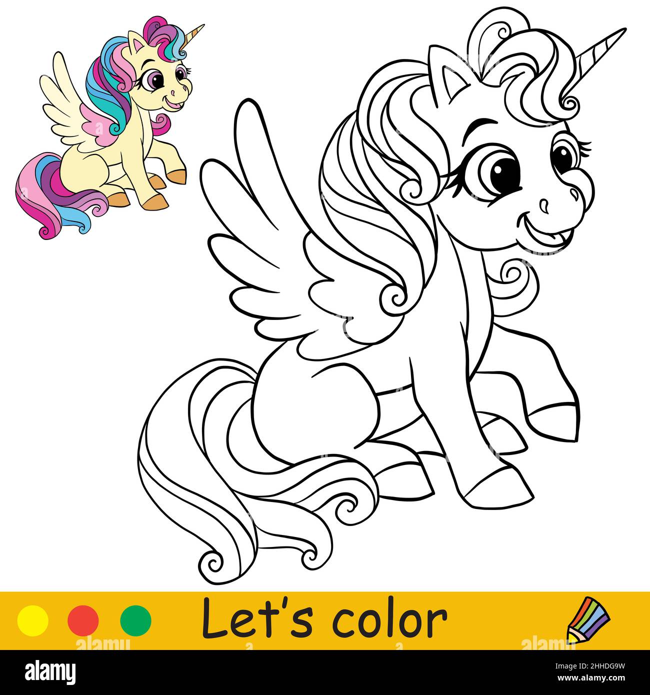 Cute sitting unicorn with wings coloring book page with color template vector cartoon illustration for kids coloring card print design decor an stock vector image art