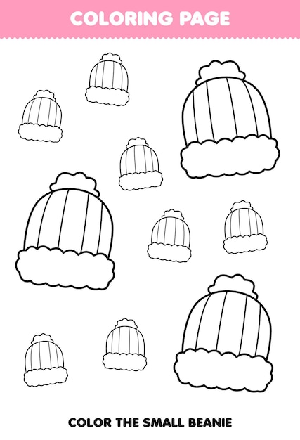 Premium vector education game for children coloring page big or small picture of cute cartoon beanie hat line art printable winter worksheet