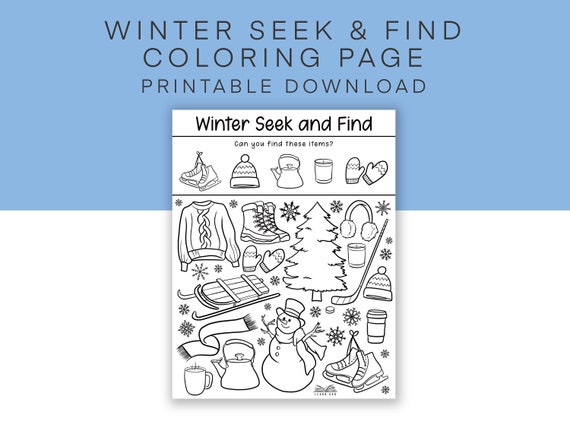 Winter seek and find printable coloring page snow i spy activity sheet wintertime puzzle for kids holiday digital download activity instant download