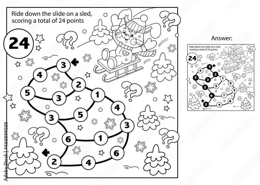 Math addition game puzzle for kids maze coloring page outline of cartoon happy bunny sledding winter activity coloring book for children vector