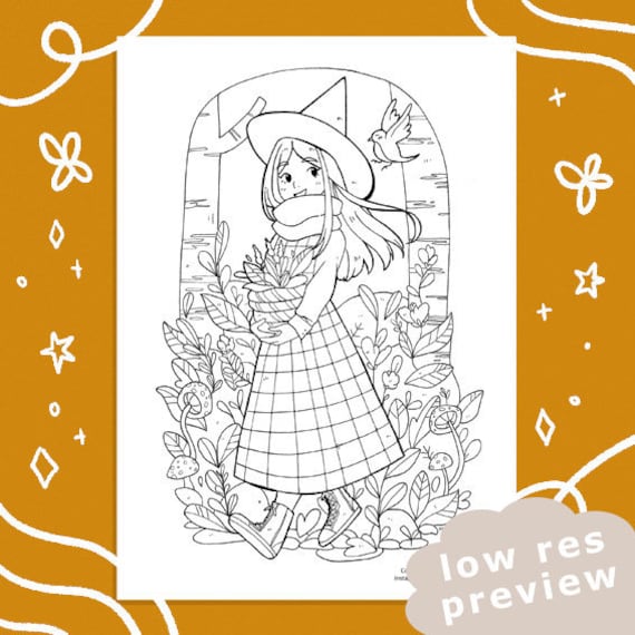 Witch collecting herbs printable coloring page halloween coloring page witchy cottagecore coloring pages