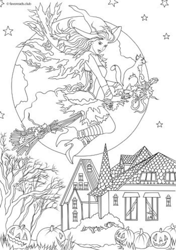 Flying witch printable adult coloring page from favoreads coloring book pages for adults and kids coloring sheets colouring designs