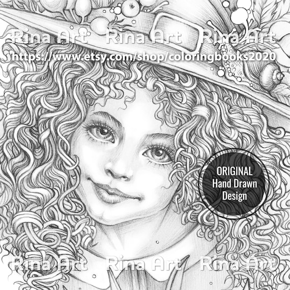 Little witch coloring page printable adult colouring pages book download grayscale illustration jpg pdf