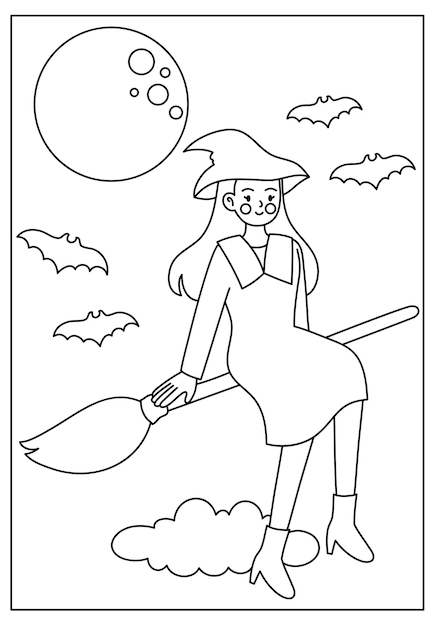 Premium vector cute halloween witch coloring page for kids printable