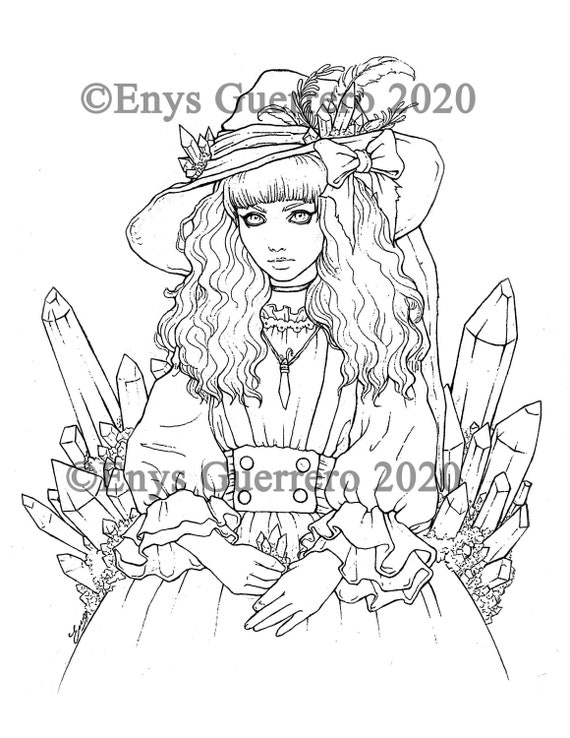 Black crystal witch coloring page goth fantasy printable download jpg by enys guerrero