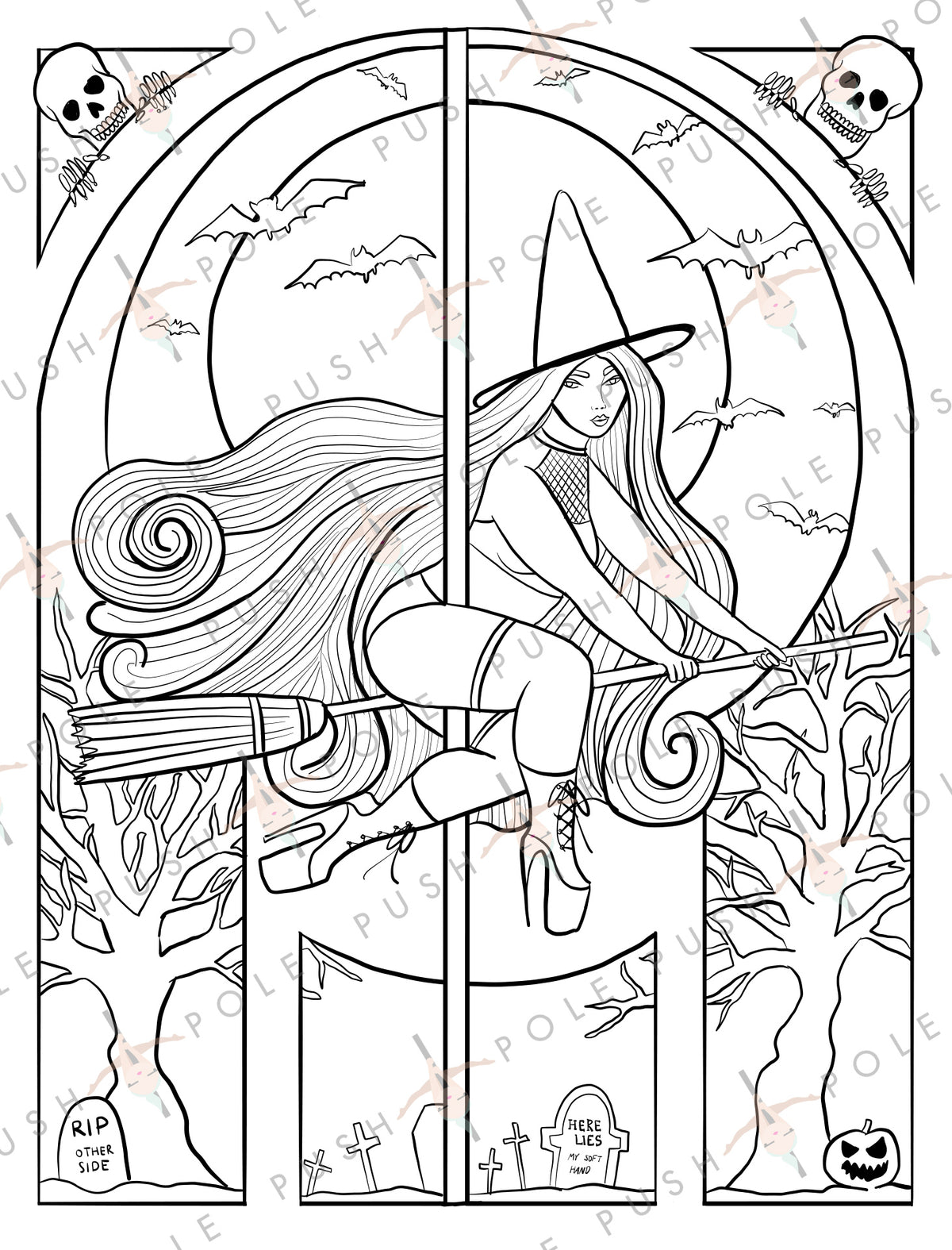 Witch halloween pole dancer digital coloring page x â push and pole
