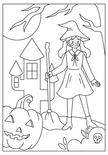 Premium vector cute halloween witch coloring page for kids printable