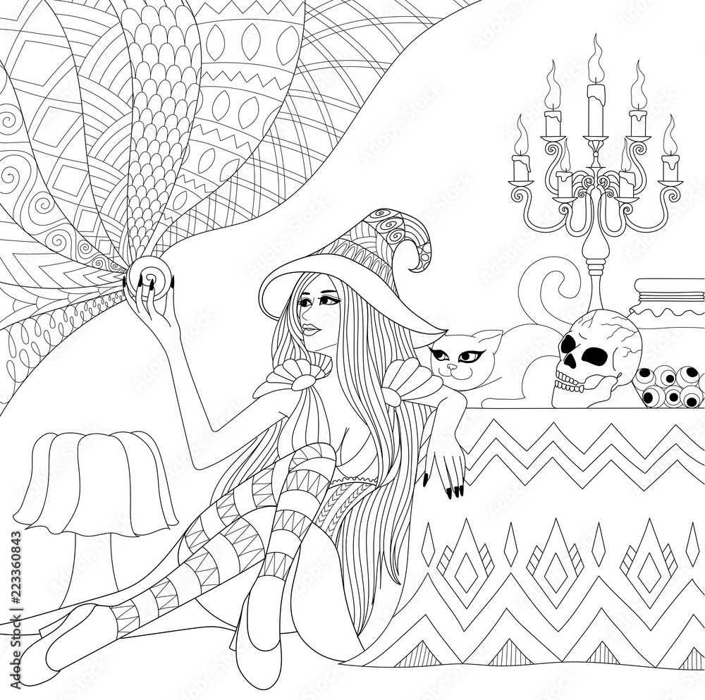 Colouring pages coloring book for adults halloween girl or witch with crystal ball horror background with skullcandles and cat antistress freehand sketch drawing with doodle and zentangle element vector