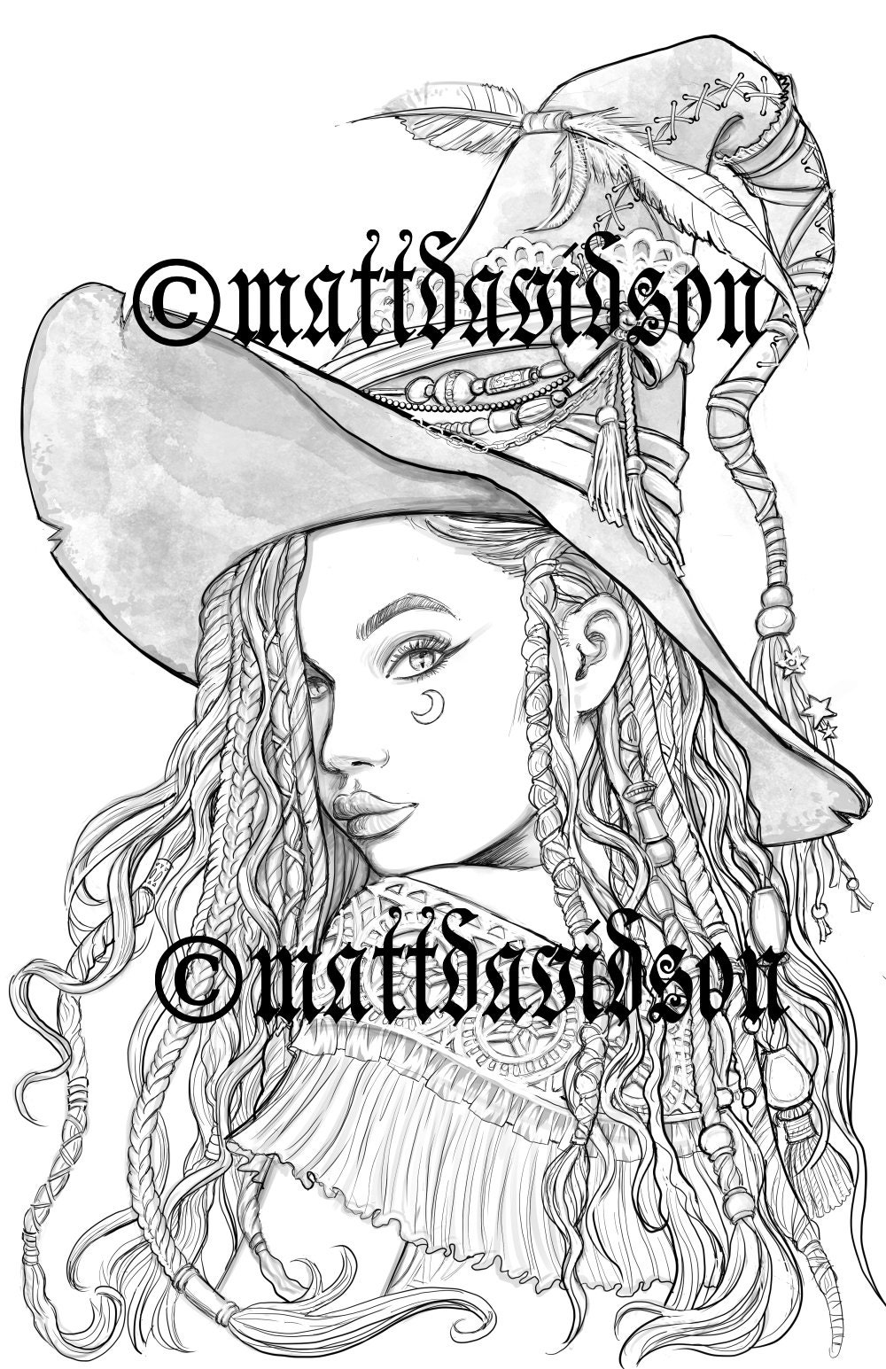 Coloring pages for adults belladonna the boho witch halloween grayscale colouring for grown ups instant download printable