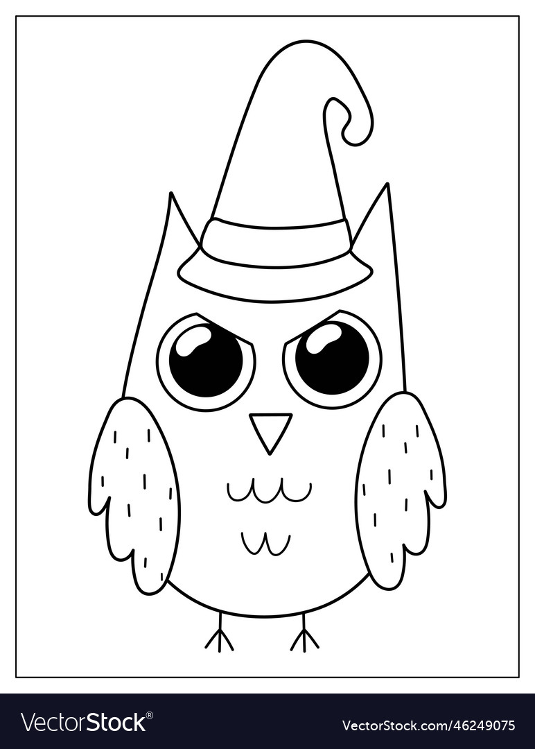 Spooky owl in a witch hat coloring page for kids vector image